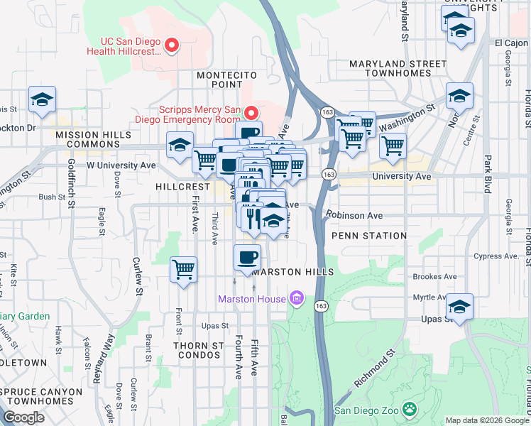 map of restaurants, bars, coffee shops, grocery stores, and more near in San Diego