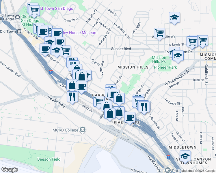 map of restaurants, bars, coffee shops, grocery stores, and more near 1977 Titus Street in San Diego