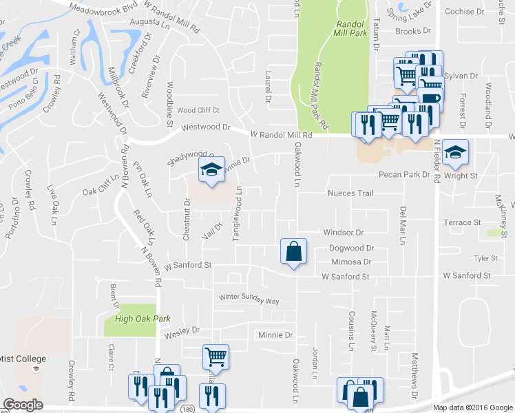 map of restaurants, bars, coffee shops, grocery stores, and more near 2109 Pin Oak Lane in Arlington