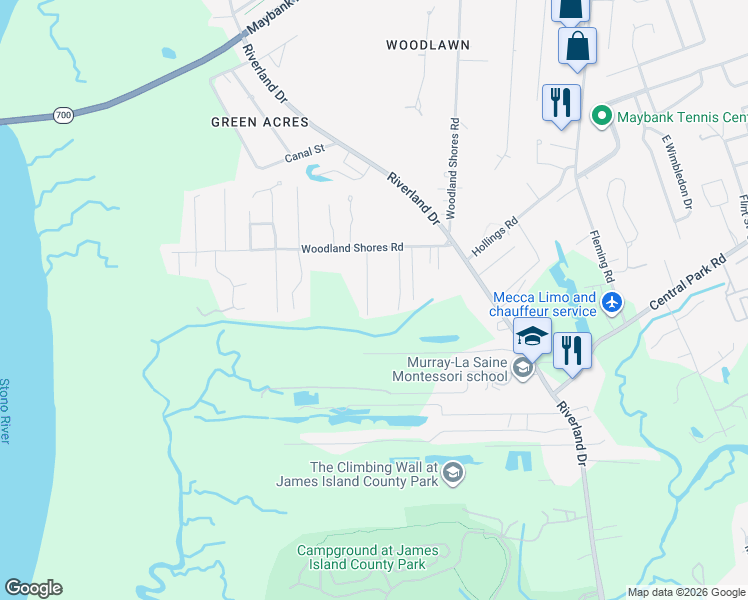 map of restaurants, bars, coffee shops, grocery stores, and more near 634 Constant Drive in Charleston