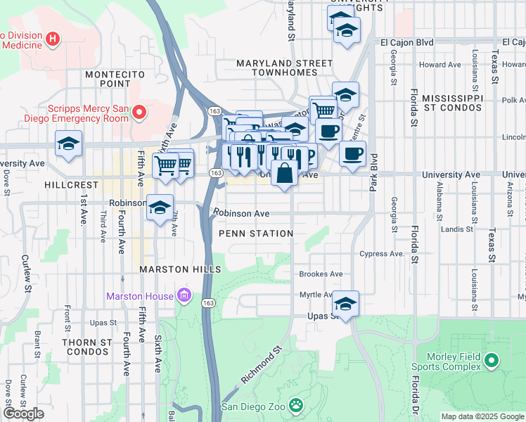 map of restaurants, bars, coffee shops, grocery stores, and more near 1214 Robinson Avenue in San Diego