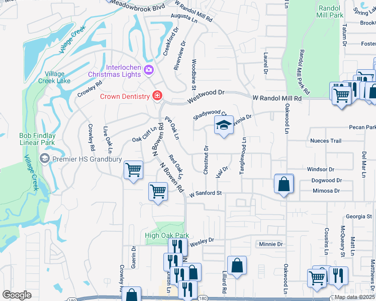 map of restaurants, bars, coffee shops, grocery stores, and more near 811 Pin Oak Lane in Arlington