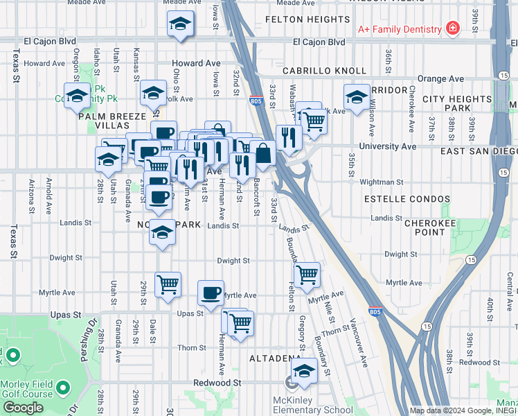map of restaurants, bars, coffee shops, grocery stores, and more near 3747 Bancroft Street in San Diego