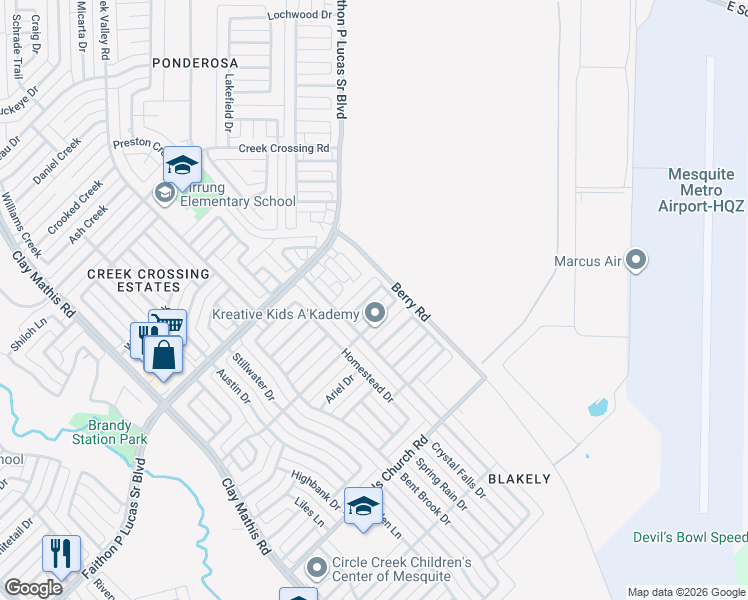 map of restaurants, bars, coffee shops, grocery stores, and more near 1416 Clearview Drive in Mesquite