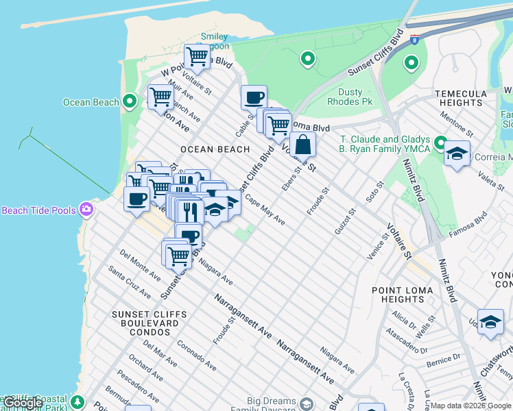 map of restaurants, bars, coffee shops, grocery stores, and more near 4735 Cape May Avenue in San Diego