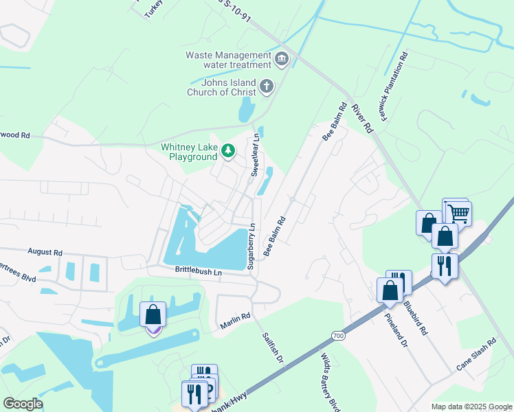map of restaurants, bars, coffee shops, grocery stores, and more near 2928 Sugarberry Lane in Johns Island