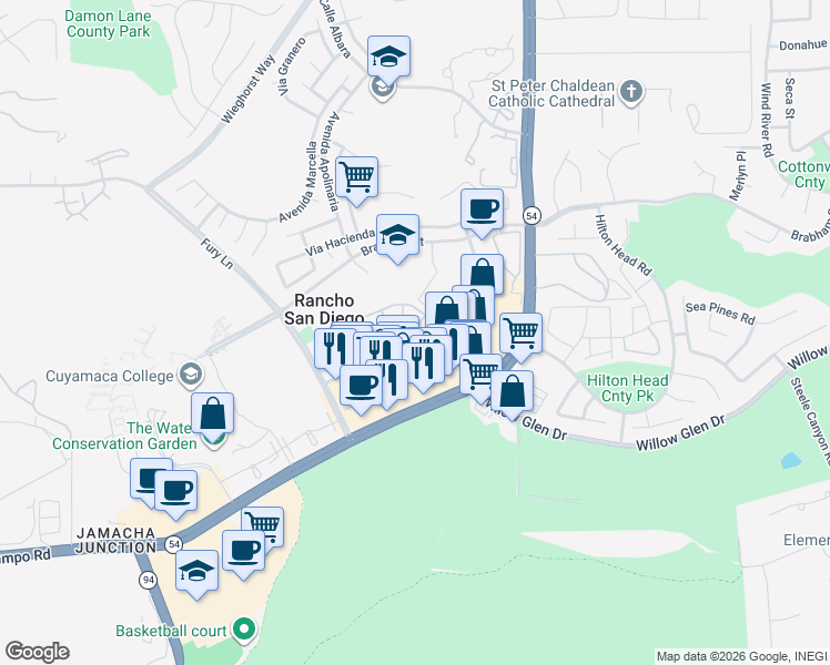 map of restaurants, bars, coffee shops, grocery stores, and more near 11430 Via Rancho San Diego in El Cajon