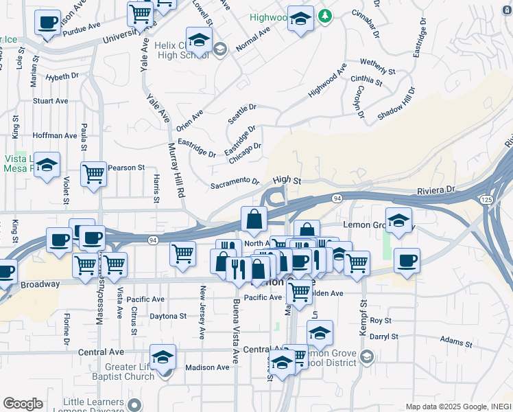 map of restaurants, bars, coffee shops, grocery stores, and more near 7613 High Street in La Mesa