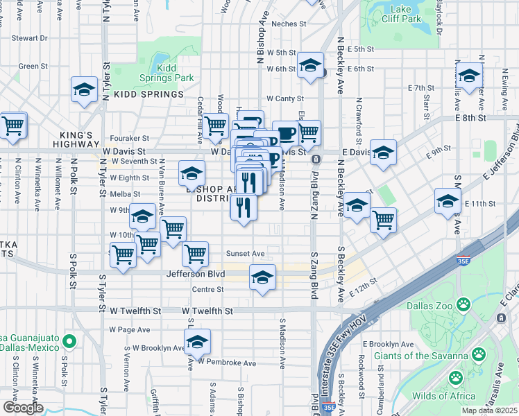 map of restaurants, bars, coffee shops, grocery stores, and more near 335 West 9th Street in Dallas