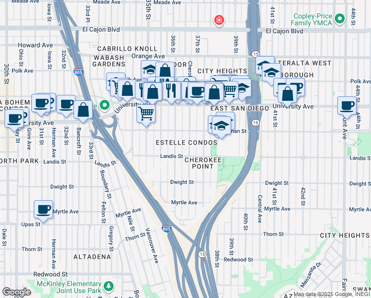 map of restaurants, bars, coffee shops, grocery stores, and more near 3728 Cherokee Avenue in San Diego