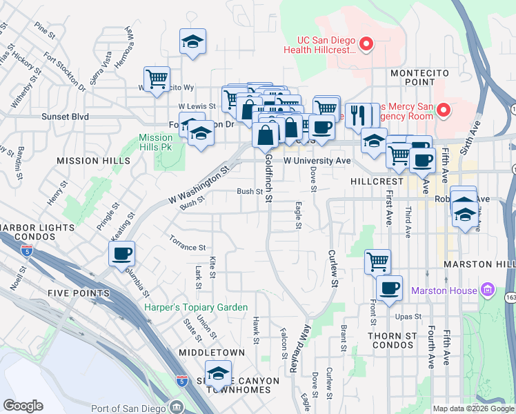 map of restaurants, bars, coffee shops, grocery stores, and more near 1002 Sutter Street in San Diego