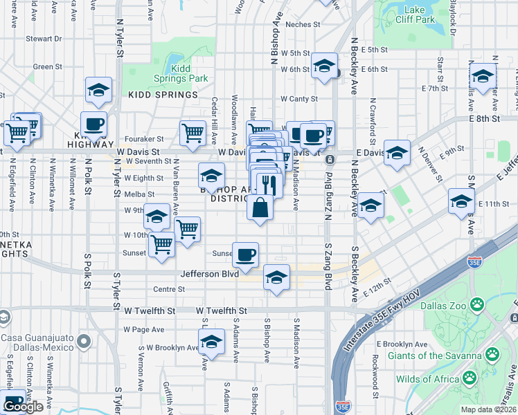 map of restaurants, bars, coffee shops, grocery stores, and more near 425 West 9th Street in Dallas
