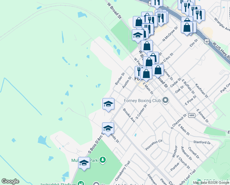 map of restaurants, bars, coffee shops, grocery stores, and more near 209 West Church Street in Forney