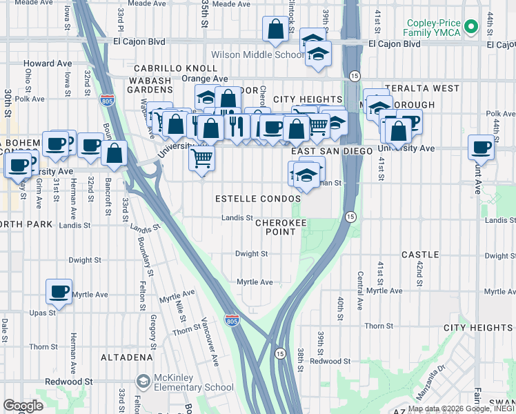 map of restaurants, bars, coffee shops, grocery stores, and more near 3725 Cherokee Avenue in San Diego