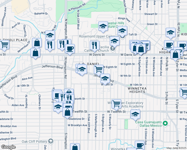 map of restaurants, bars, coffee shops, grocery stores, and more near 2010 West Jefferson Boulevard in Dallas