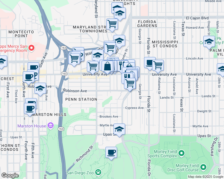 map of restaurants, bars, coffee shops, grocery stores, and more near 1604 Robinson Avenue in San Diego
