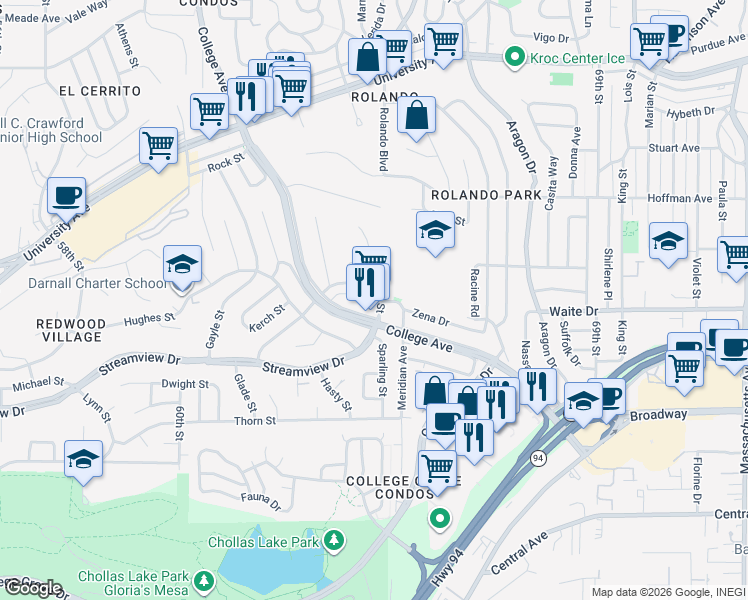 map of restaurants, bars, coffee shops, grocery stores, and more near 3605 College Avenue in San Diego