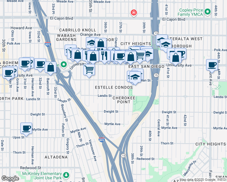 map of restaurants, bars, coffee shops, grocery stores, and more near 3728 Cherokee Avenue in San Diego