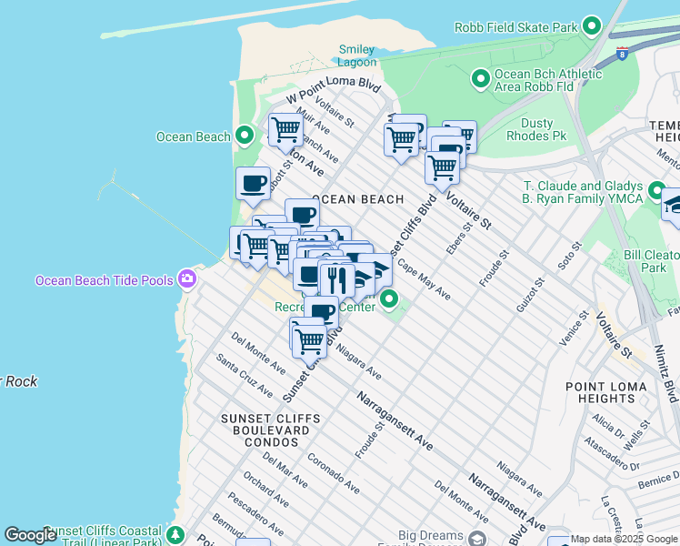 map of restaurants, bars, coffee shops, grocery stores, and more near 4870 Santa Monica Avenue in San Diego