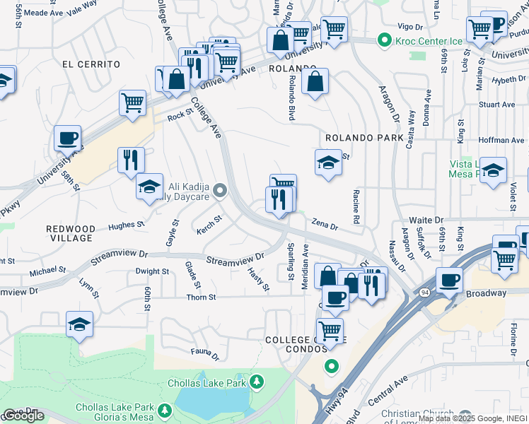 map of restaurants, bars, coffee shops, grocery stores, and more near 3659 College Avenue in San Diego
