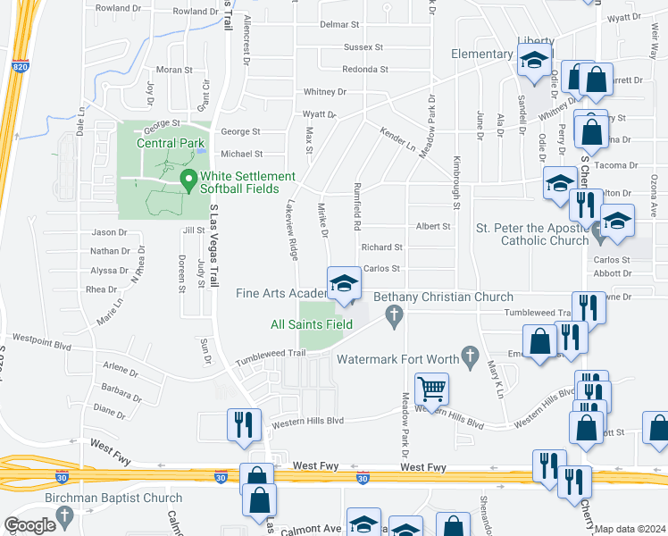 map of restaurants, bars, coffee shops, grocery stores, and more near 1219 Mirike Drive in Fort Worth