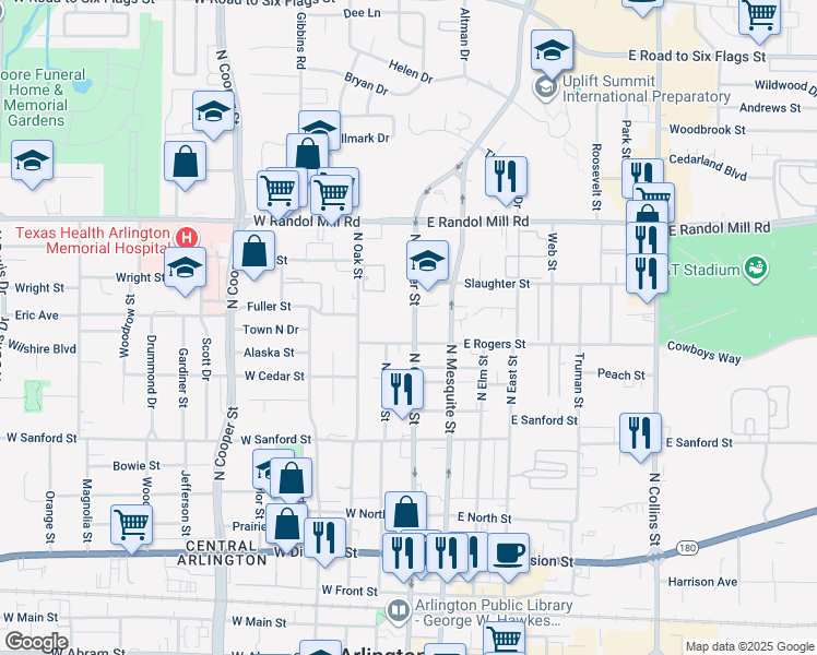 map of restaurants, bars, coffee shops, grocery stores, and more near 806 North Center Street in Arlington