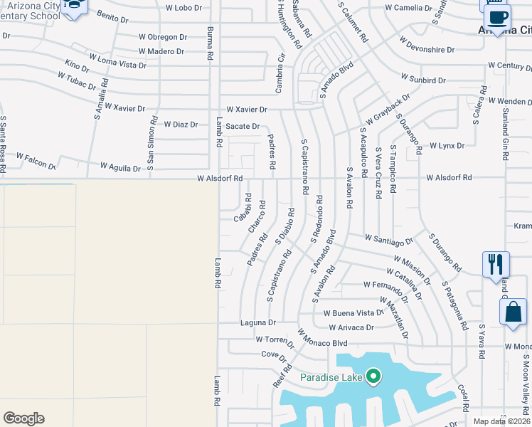 map of restaurants, bars, coffee shops, grocery stores, and more near 14675 Charco Road in Arizona City