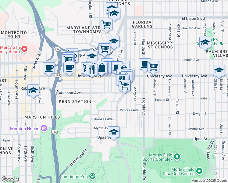 map of restaurants, bars, coffee shops, grocery stores, and more near 1708 Robinson Avenue in San Diego