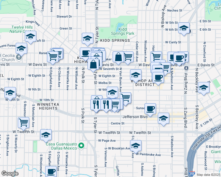 map of restaurants, bars, coffee shops, grocery stores, and more near 731 West 9th Street in Dallas