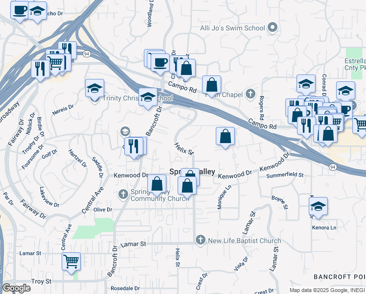map of restaurants, bars, coffee shops, grocery stores, and more near 3660 Helix Street in Spring Valley