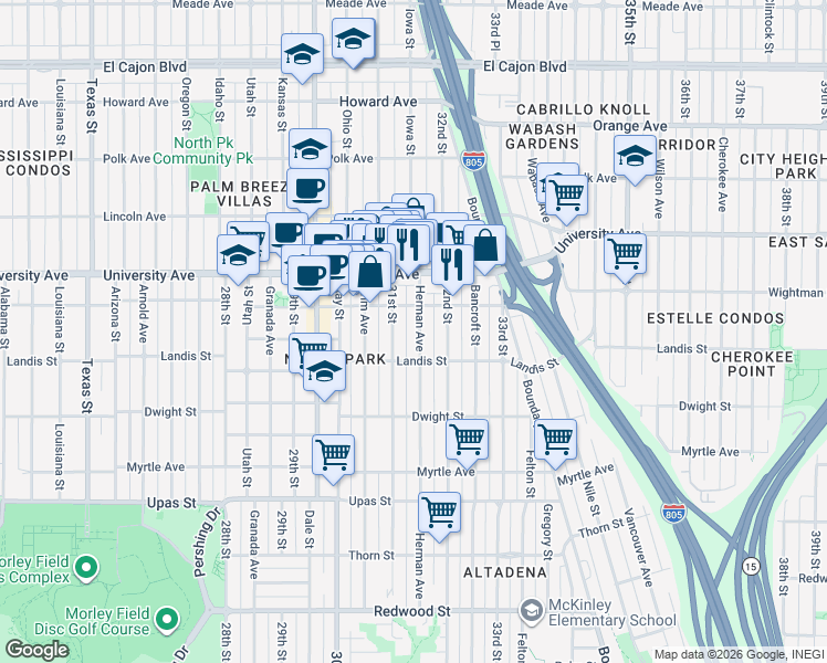 map of restaurants, bars, coffee shops, grocery stores, and more near 3743 Herman Avenue in San Diego