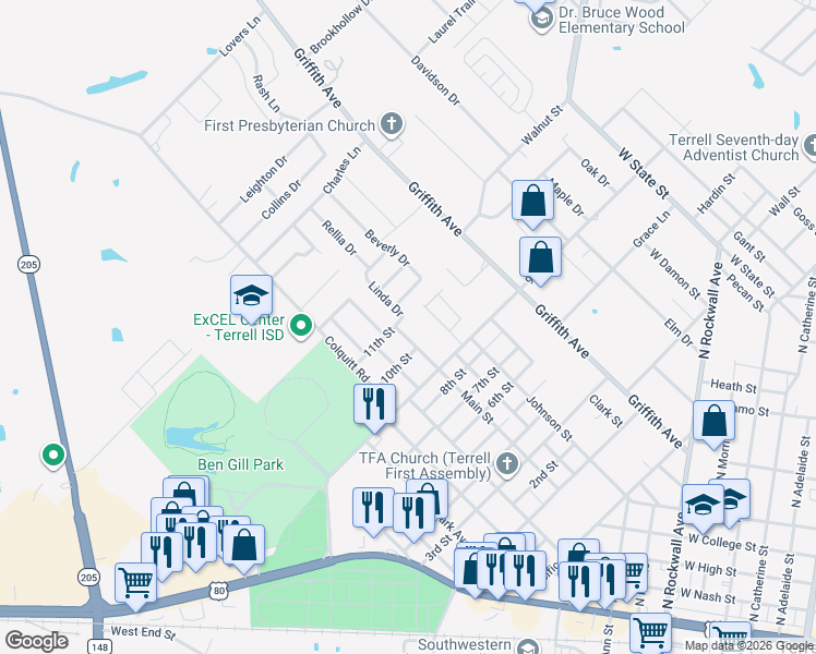 map of restaurants, bars, coffee shops, grocery stores, and more near 1210 Main St in Terrell