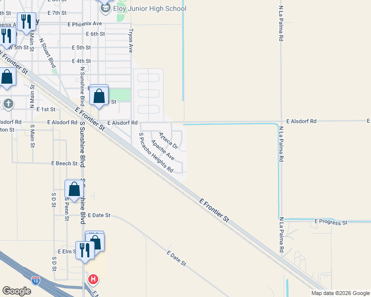 map of restaurants, bars, coffee shops, grocery stores, and more near 498 Azteca Drive in Eloy