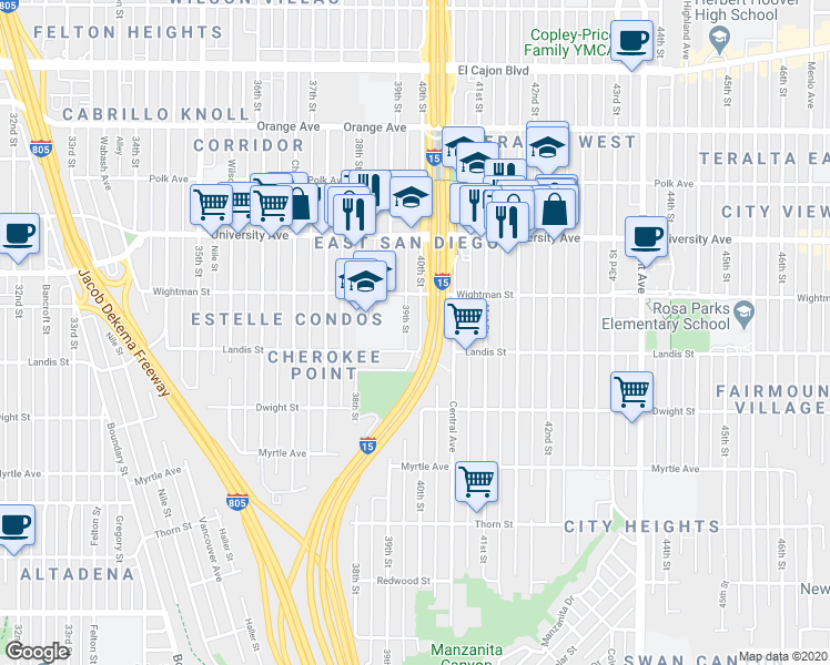 map of restaurants, bars, coffee shops, grocery stores, and more near 3726 40th Street in San Diego