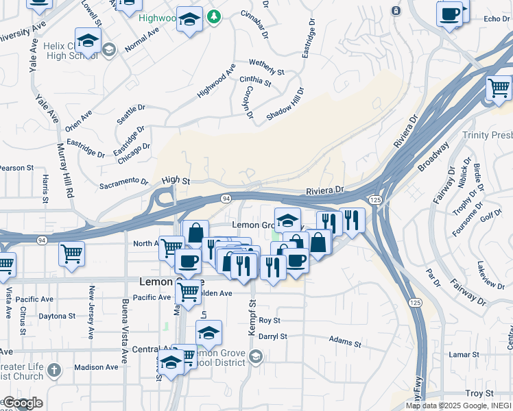 map of restaurants, bars, coffee shops, grocery stores, and more near 8082 Lemon Grove Way in Lemon Grove