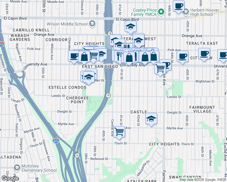 map of restaurants, bars, coffee shops, grocery stores, and more near in San Diego