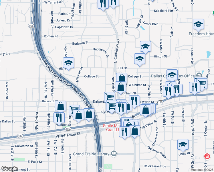 map of restaurants, bars, coffee shops, grocery stores, and more near 522 Northwest 11th Street in Grand Prairie