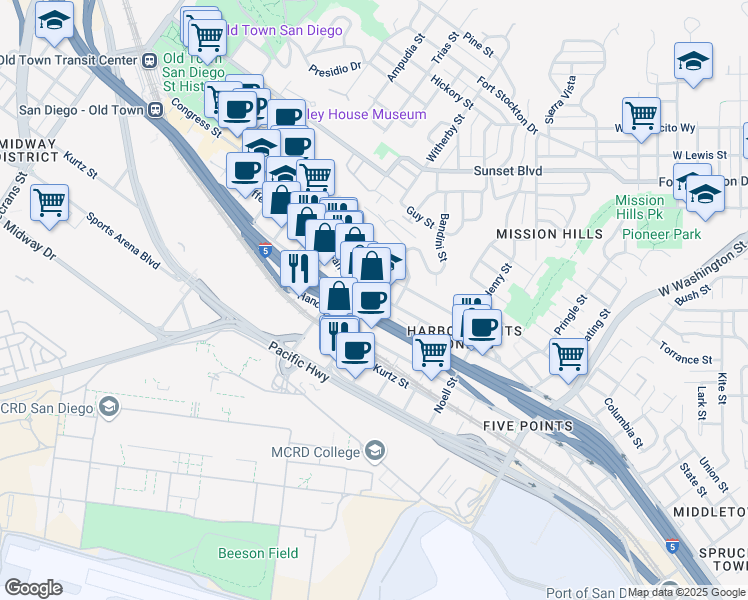 map of restaurants, bars, coffee shops, grocery stores, and more near 2165 San Diego Avenue in San Diego