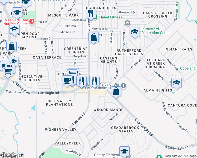 map of restaurants, bars, coffee shops, grocery stores, and more near 1454 Eastern Heights Drive in Mesquite