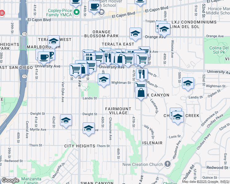 map of restaurants, bars, coffee shops, grocery stores, and more near 3736 46th Street in San Diego