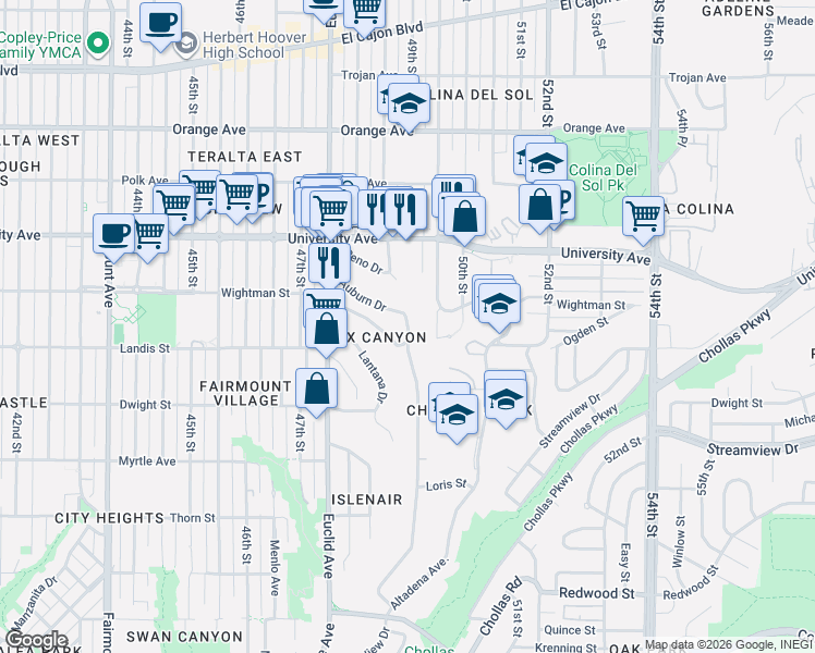 map of restaurants, bars, coffee shops, grocery stores, and more near 4930 Auburn Drive in San Diego