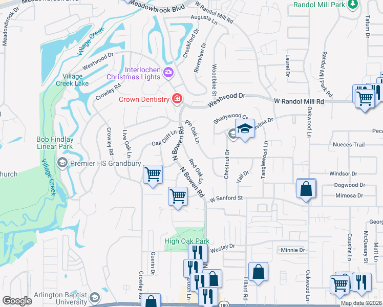 map of restaurants, bars, coffee shops, grocery stores, and more near 803 Red Oak Lane in Arlington
