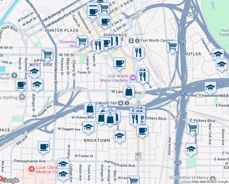 map of restaurants, bars, coffee shops, grocery stores, and more near in Fort Worth