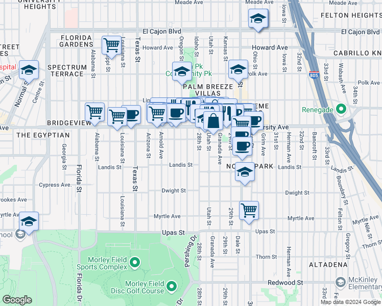 map of restaurants, bars, coffee shops, grocery stores, and more near 3745 Pershing Avenue in San Diego