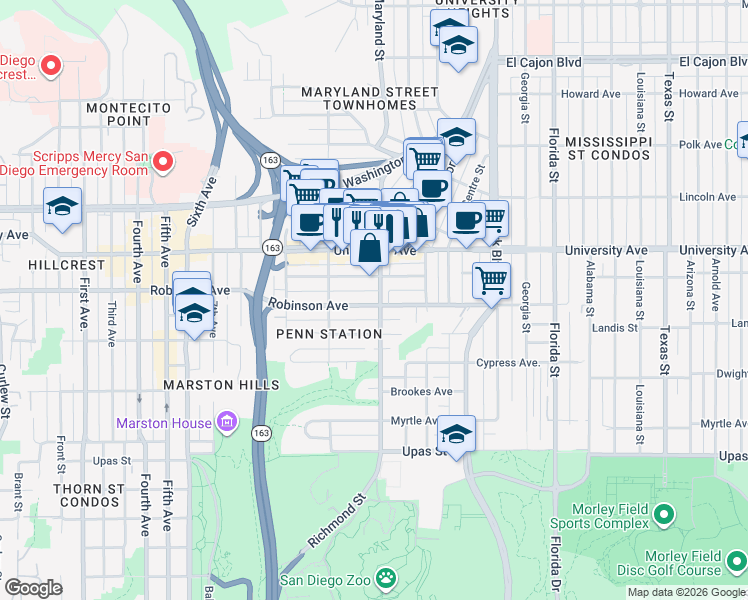 map of restaurants, bars, coffee shops, grocery stores, and more near 1280 Robinson Avenue in San Diego