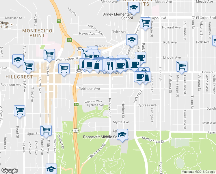 map of restaurants, bars, coffee shops, grocery stores, and more near in San Diego