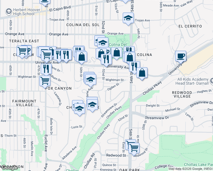 map of restaurants, bars, coffee shops, grocery stores, and more near 5250 Landis Street in San Diego