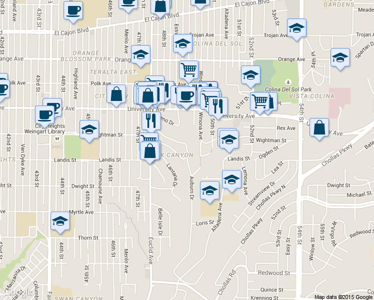 map of restaurants, bars, coffee shops, grocery stores, and more near 4930 Auburn Drive in San Diego
