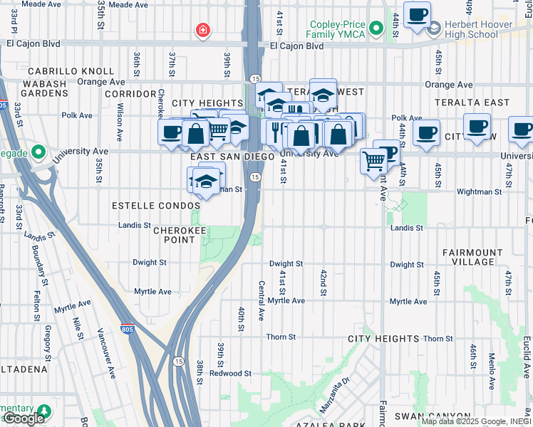 map of restaurants, bars, coffee shops, grocery stores, and more near 3727 Central Avenue in San Diego