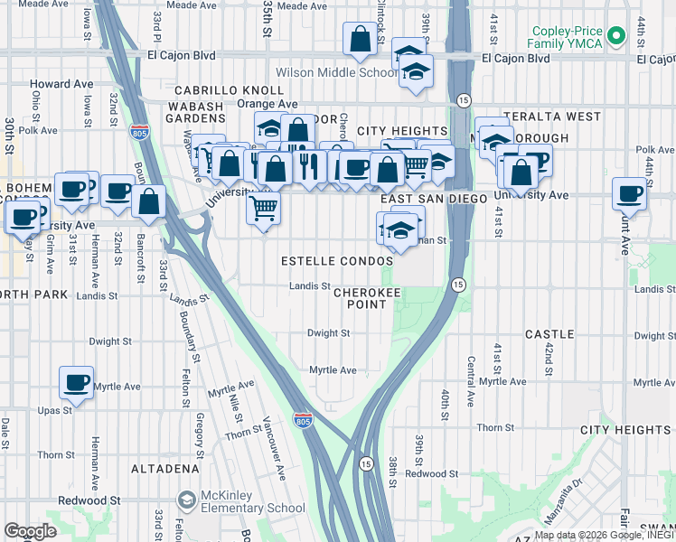 map of restaurants, bars, coffee shops, grocery stores, and more near 3725 Cherokee Avenue in San Diego